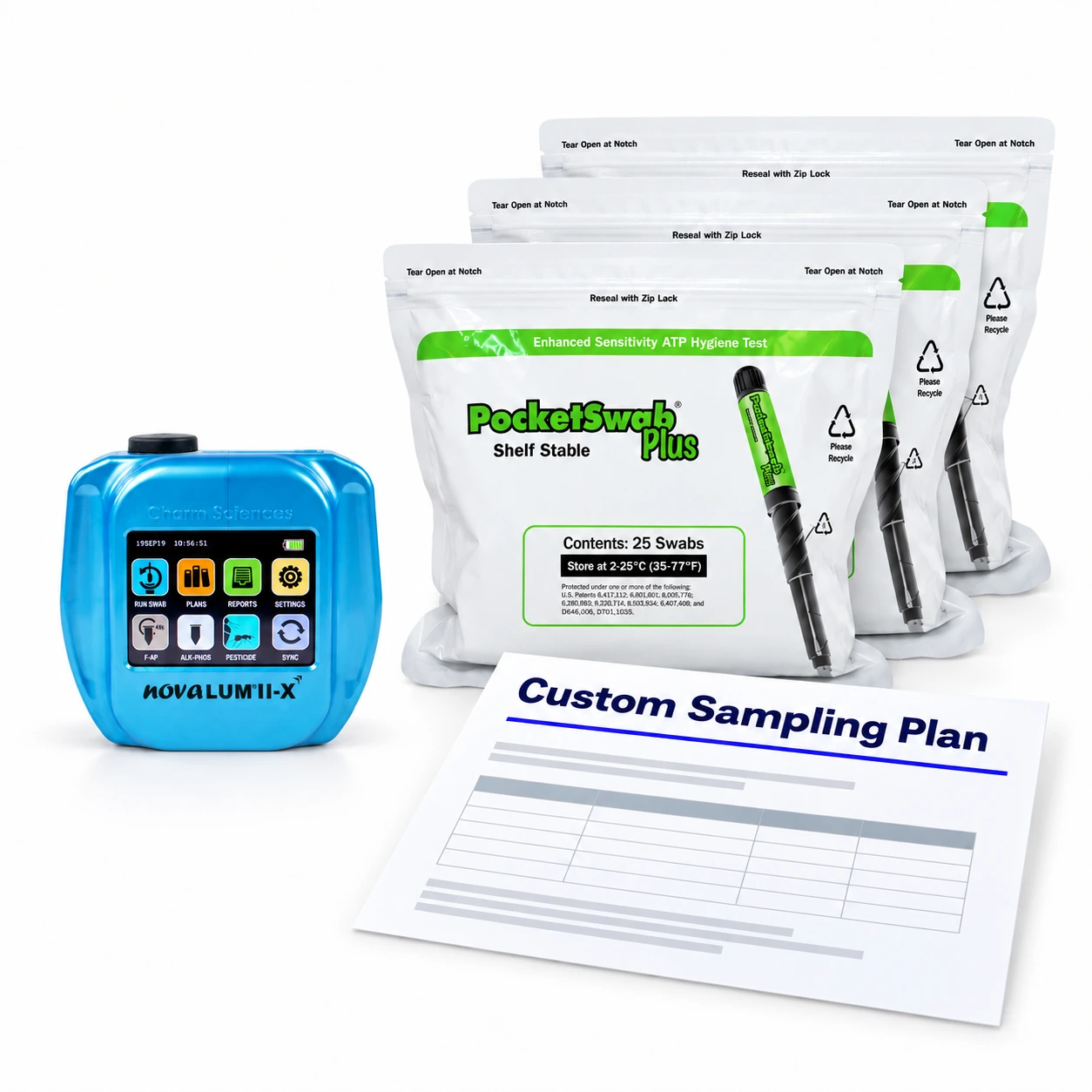Professional Kit: one novaLUM II-X system and three bags of 25 PocketSwab Plus swabs each